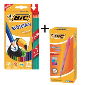 Combo pinturitas Bic evolution 12 largos x 4 + caja bol atlantis gratis